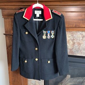 Wool cashmere blend navy blazer embroidered military style medals preppy size 10